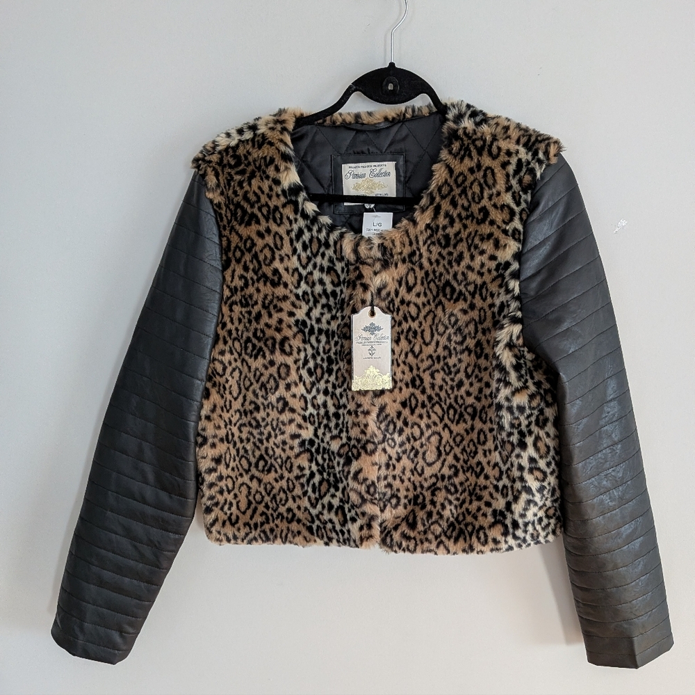 NWT Parisian Collection Leopard Faux Fur & Vegan Leather Moto Jacket Large